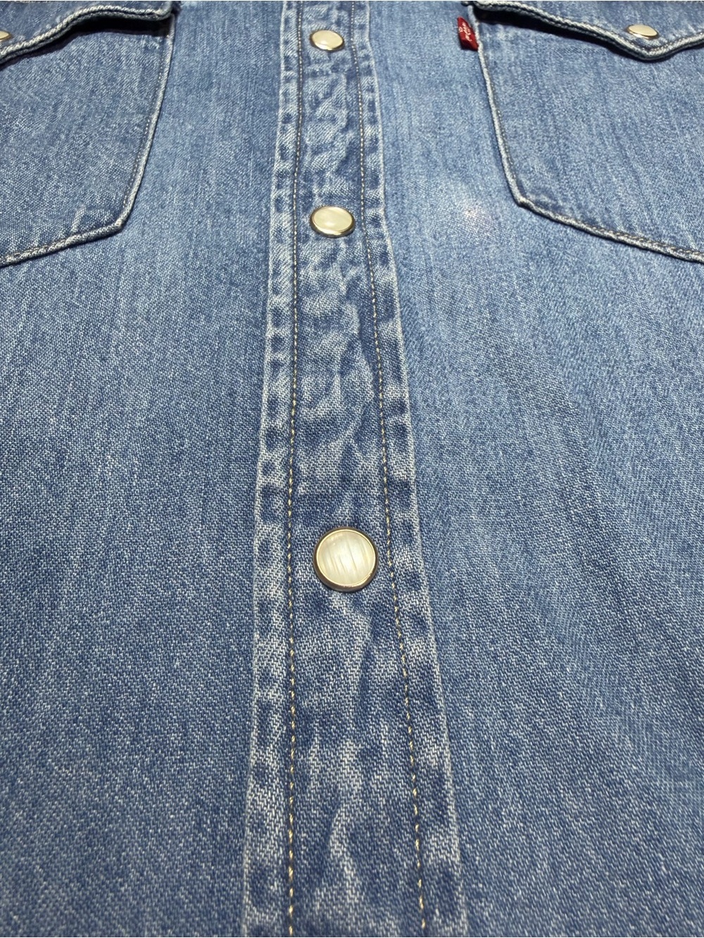 Levi’s Mens Large Western Pearl Snap Denim Shirt Blue Long Sleeve Cowboy Ranch - Picture 8 of 12